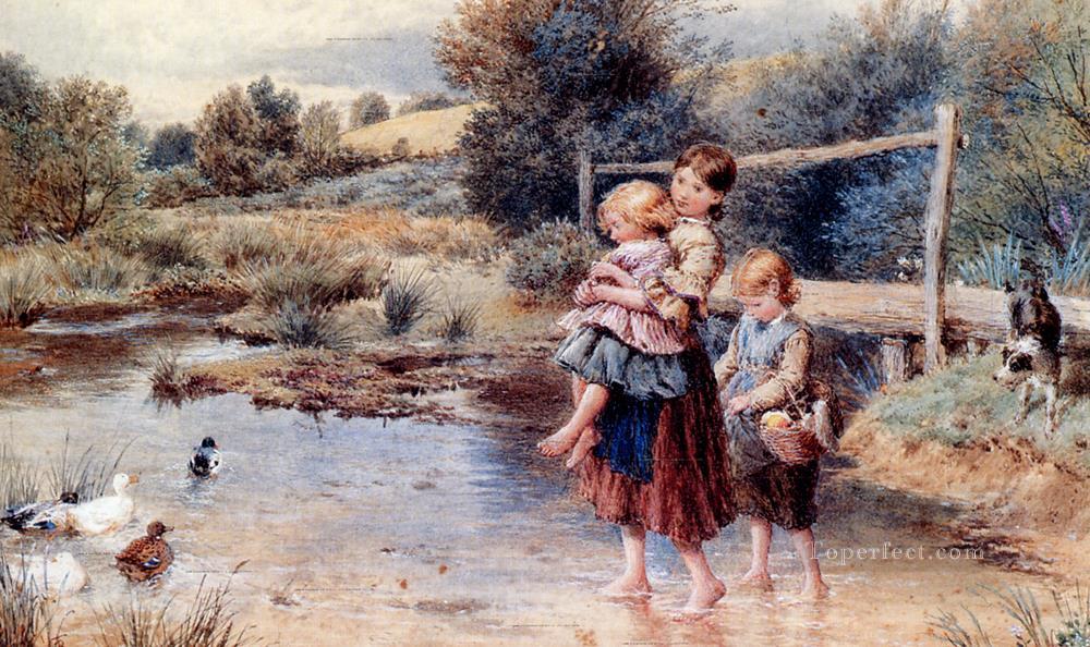 Kinder paddeln in einem Strom Victorian Myles Birket Foster Haustier Kinder Ölgemälde